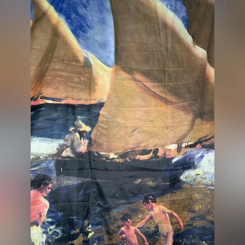 Impressionist Coastal Art Shower Curtain Sail Boats Ocean Beach Scene 71x71
